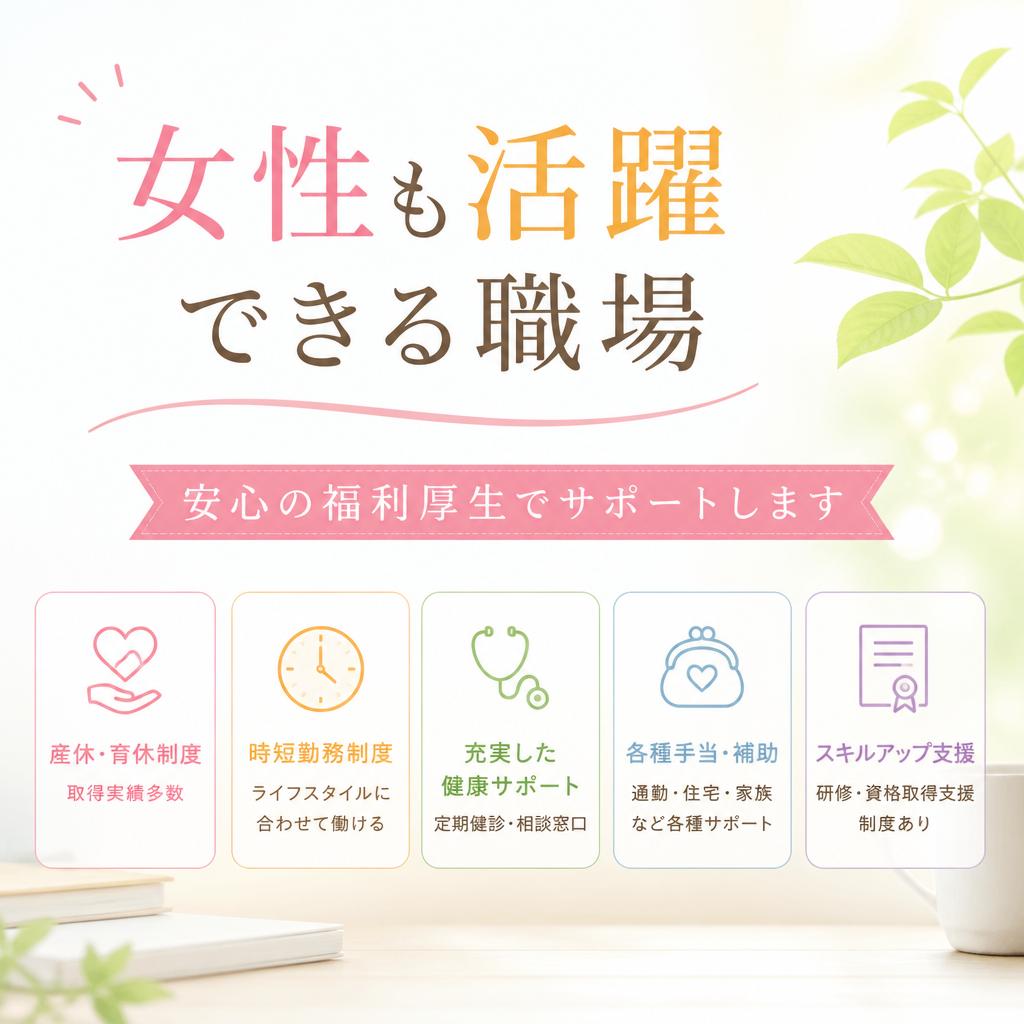 女性も活躍できる職場、安心の福利厚生でサポートします